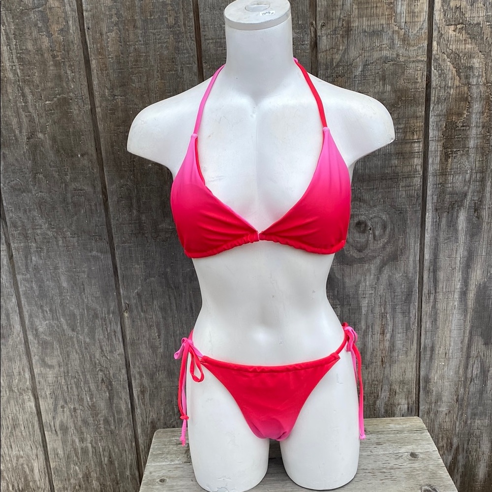 New Woman’s M Pink Triangle Bikini Set with Adjustable Tie Sides w/Ombré effect